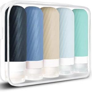 Laxen 5 Pack Travel Bottles for Toiletries with Labels, 100ML Silicone Travel Bottles Set with Clear Zipper Toiletry Bag, Leakproof Refillable Squeeze Travel Size Containers for Shampoo Conditioner