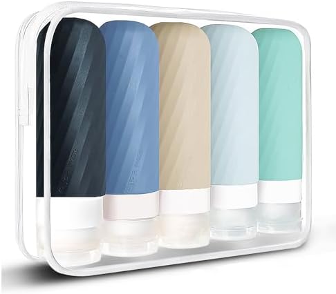 Laxen 5 Pack Travel Bottles for Toiletries with Labels, 100ML Silicone Travel Bottles Set with Clear Zipper Toiletry Bag, Leakproof Refillable Squeeze Travel Size Containers for Shampoo Conditioner