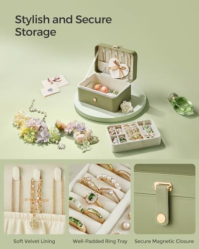 SONGMICS Jewellery Box, 2-Layer Jewellery Storage, 11 x 16 x 8 cm Travel Jewellery Box, Portable Jewellery Case, Small, Spacious, for Larger Accessories, Gift Idea, Laurel Green JBC166C02 - Image 6