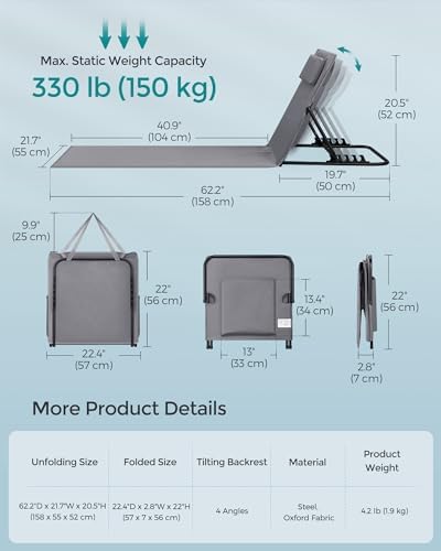 SONGMICS Set of 2 Folding Beach Sunloungers, Deck Beach Chairs Mats, Reclining Backrest, Lightweight Portable with Handle, for Camping Garden Pool, 158 x 55 cm, Slate Grey GCB251G01 - Image 7