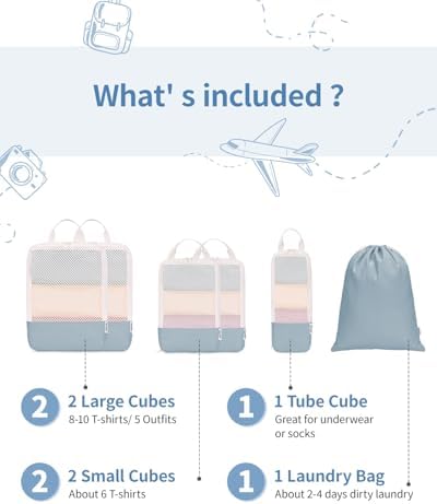 Narwey 6 Set Compression Packing Cubes for Backpack and Suitcases, Travel Organiser Packing Bags for Carry on Hand Luggage Travel Essentials Bag for Women and Girls (Grayish Blue) - Image 5