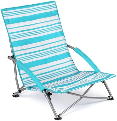 Trail Low Folding Beach Chair, Lightweight Portable Deck Sun Lounger Seat, Camping Festival Picnic Garden, Padded Armrests, Anti Sink Feet, Carry Bag with Strap (Blue Stripe)