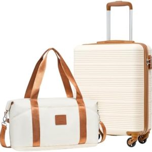 COOLIFE Cabin Suitcase 55×40×20cm and Cabin Bag 25L(45×36×20cm) Set for EasyJet Airlines Carry on Hand Cabin Luggage Hard Shell Suitcase Lightweight with TSA Lock (White/Brown, 55×40×20cm -Set 2pcs)