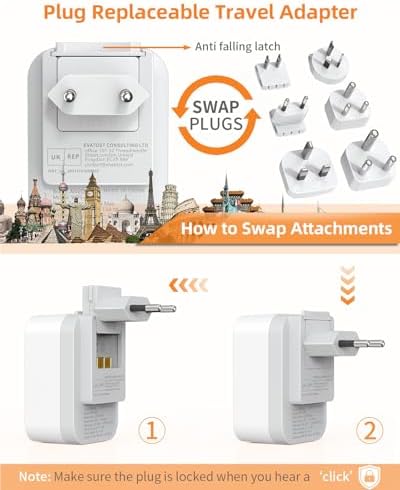 UK to Worldwide Travel Adapter Set, Travel Adaptor Kit with 4 USB Ports (2 USB C), International Plug Adapter with 6 Removable Plug - Image 6