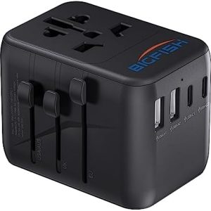Bigfish Universal Travel Adapter, Worldwide Travel Plug Adapter with 2 USB A and 2 USB C, Dual 10A Fuses All In One International Travel Adapter - EU UK US AUS Plugs