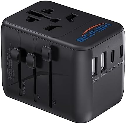 Bigfish Universal Travel Adapter, Worldwide Travel Plug Adapter with 2 USB A and 2 USB C, Dual 10A Fuses All In One International Travel Adapter - EU UK US AUS Plugs