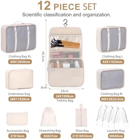 BESBESME 12PCS Packing Cubes for Suitcase Luggage Travel Packing Organizers Set with Cosmetics Bag Travel Essentials Bag Storage Bags Beige - Image 2