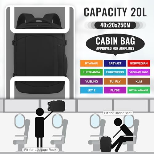 Cabin Bags 40x20x25 for Ryanair Underseat Carry-ons Bag, Hand Luggage Bag Cabin Backpack Travel Backpack Cabin Size 20L - Black - Image 2