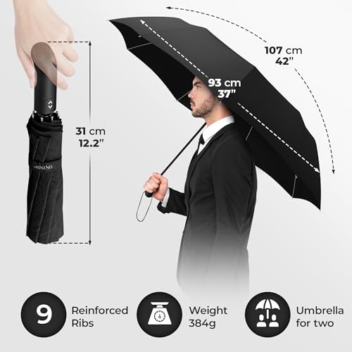 Umbrella Windproof Compact - Strong Storm Proof Frame + Auto Open Close | Women Mens Lightweight Small Travel Folding Golf Brolly + Double Canopy, Ergonomic Handle | Water Resistant Teflon Black - Image 5