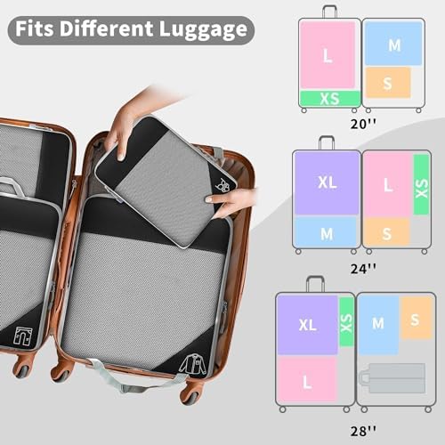 6 PCS Compression Packing Cubes, Black Extensible Ultralight Packing Cubes for Suitcases, Suitcase Organiser Bags Set, Travel Cubes Organiser Bags Packing Cubes for Suitcases Backpack Luggage - Image 7