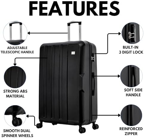 24" Medium Suitcase Super Lightweight 4 Wheel Spinner Hard Shell ABS Luggage Hold Check in Travel Case 65 Litre Black - Image 4