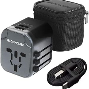 Worldwide Travel Plug Adapter with 2 USB 2.4A Charging Ports | International Universal AC Socket, Dual Safety Fuse, Chip Protector for US UK EU AU Mobile Phone Tablet Laptop Gadget (Grey)