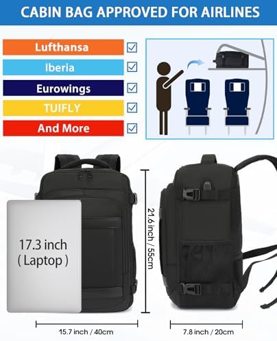 Cabin Bag 55x40x20cm Travel Backpack Hand Luggage Carry-ons Bag 44L Laptop Backpack Ruscksack for Airplanes Flight Cabin Bags Fit 17.3 Inch Laptop Black - Image 2