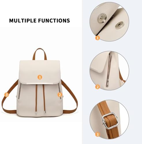 Backpack Womens Fashion Backpacks Beige&Brown Backpack Ladies PU Leather Waterproof Daypack Medium School Work Travel - Image 3