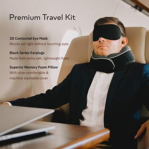 Travel Pillow, Memory Foam Neck Pillow Set, Orthopedic Pillow, Travel Essentials for Flying, Kit with 3D Contoured Sleep Mask, Earplugs and Luxury Mesh Bag (Black) - Image 2