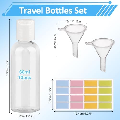 Travel Bottles, 60ml Empty Refillable, 10pcs Clear Containers with 2 Funnels and Colorful Labels, Reusable Plastic Bottles for Shampoo, Lotions, Cosmetics - Image 2