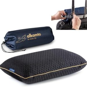 Travel Pillow - Ergonomic Neck Support Camping Memory Foam Pillow with Temperature-Regulating Pillowcase - Included Waterproof Travel Carry Bag