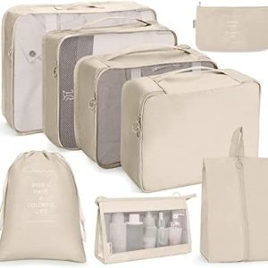SHAINE Packing Cubes 8pcs Compression Luggage Organiser Bags Waterproof Travel Essentials for Flying Suitcase (QC01BE-DDD), Beige
