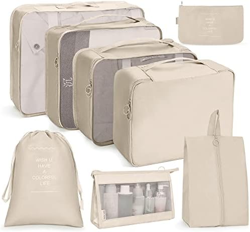 SHAINE Packing Cubes 8pcs Compression Luggage Organiser Bags Waterproof Travel Essentials for Flying Suitcase (QC01BE-DDD), Beige