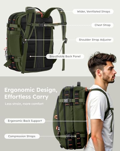 Tolaccea 35-45L Travel Laptop Backpack, Carry On Backpacks,Travel Rucksack Cabin Size, TSA Friendly Flight Approved Hand Luggage Backpacks Fit 15.6 Inch Laptop, Business Rucksack (Army Green) - Image 8