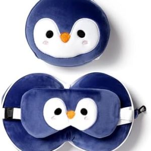 Puckator Relaxeazzz Penguin Round Plush Travel Pillow & Eye Mask - Sleep Eye Mask Masks - Kids Travel Accessories For Sleeping Airplane - Flight Plane Neck Pillow Pillows