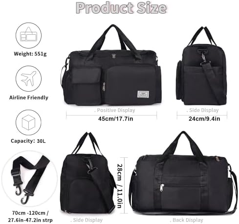 FIORETTO Womens Mens Sports Gym Bag Duffle Bag with Shoes Compartment, Weekend Travel Bag Overnight Bag for Women, Water Resistant Holdall Hospital Bag for Swimming Black - Image 2