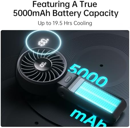 JISULIFE Handheld Fan Life7 – Ultimate Flexibility: High-Power Motor, LED Display, 5000mAh Rechargeable, 5-Speed, Foldable Design, 3-IN-1 Portable Hand/Desk/Neck Fan for Travel, Gift for Women (Black) - Image 4