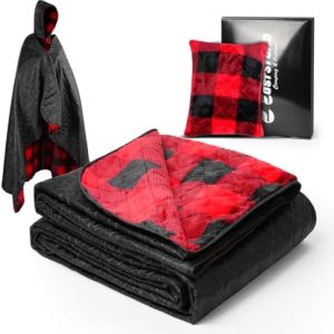 Camping Blanket, 300gsm Skin-friendly Flannel Lining with Pillow Packaging, PU 3000 Waterproof, Windproof Outdoor Blanket for Car, Keep Warm, Blanket Hoodie for Gift, Black 6.6X4.6ft