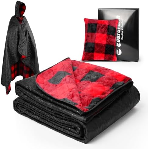 Camping Blanket, 300gsm Skin-friendly Flannel Lining with Pillow Packaging, PU 3000 Waterproof, Windproof Outdoor Blanket for Car, Keep Warm, Blanket Hoodie for Gift, Black 6.6X4.6ft