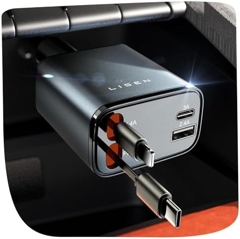 LISEN Retractable Car Charger Adapter 69W Cigarette Lighter USB Car Charger USB C Car Phone Charger Travel Holiday Essentials Car Accessories Gifts for Women Men 12V USB Socket for iPhone 16 15 14 13