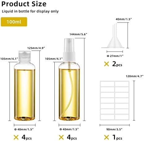 8 Pcs 100ml Plastic Bottles Travel Bottles for Toiletries, Refillable Transparent Liquid Containers Bottle with Funnels and Labels for Travel or Cosmetic (4 spray bottles Perfume +4 Flip Cap Bottles) - Image 2