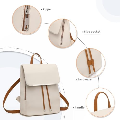 Backpack Womens Fashion Backpacks Beige&Brown Backpack Ladies PU Leather Waterproof Daypack Medium School Work Travel - Image 2