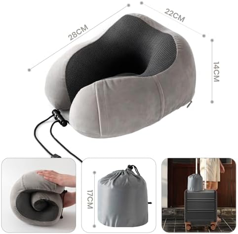 Good Nite Travel Pillow Neck Memory Foam Support Pillow for Adults Travel Airplane Camping Car Train Office Pillow Flight Plane Pillows with Ear Plugs Eye Mask Carry Bag Grey - Image 2