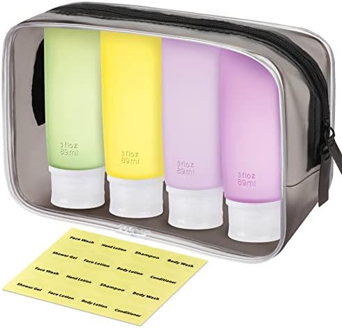 INSFIT Travel Bottles for Toiletries, 90ml Travel Containers for Toiletries Leakproof BPA Free CAA Approved Squeezable Silicone Tubes Travel Accessories with Labels Purple