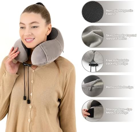 Good Nite Travel Pillow Neck Memory Foam Support Pillow for Adults Travel Airplane Camping Car Train Office Pillow Flight Plane Pillows with Ear Plugs Eye Mask Carry Bag Grey - Image 4