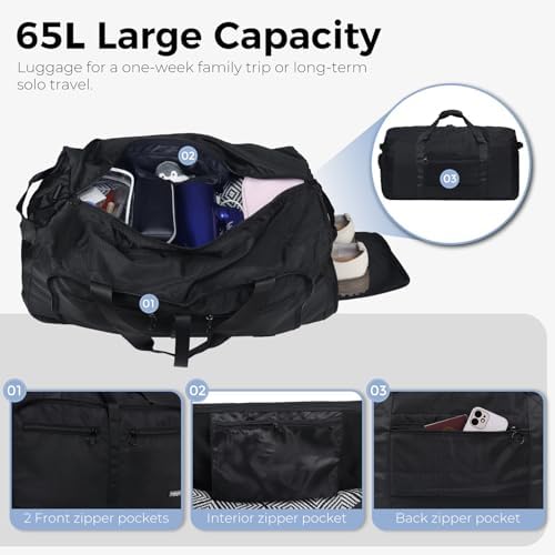 Fmeida 65L Foldable Travel Duffle Bag, Lightweight Waterproof Weekend Luggage with Shoes Compartment, Large Overnight Holdall Tote, Black - Image 3