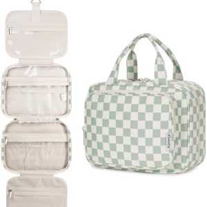 Narwey Checkered Hanging Travel Toiletry Bag for Women Wash Bag Cosmetics Makeup Bag Organizer for Travel Size Accessories(Checkerboard Mint Green (Medium))