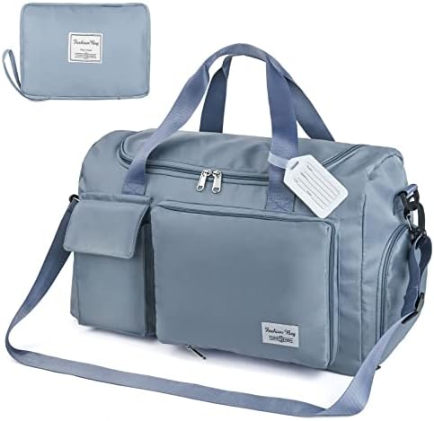 Travel Duffel, Foldable Gym Overnight Weekend Bags for Women - Lightweight with Separation, Large Holdall Cabin Bag - Blue
