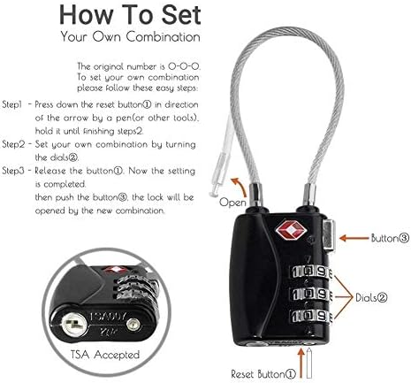 CFMOUR TSA Locks - 1, 2, 3, 4, 5, 6 Pack 3-Dial Security Cable Travel Combination Padlock for Suitcase Luggage Case Bag Code Lock - Black (Pack of 2) - Image 5