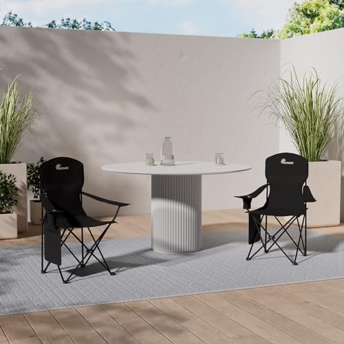 SUNMER Set of 2 Folding Camping Chairs, Extra-Wide Lightweight Outdoor Chairs with Armrests, Cup Holder and a Side Pocket, 120kg Capacity per Chair - Black - Image 2