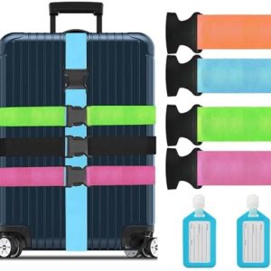 4 Pack Luggage Straps for Suitcase Straps,Personalised Luggage Straps for Suitcases with 2 Tags,Adjustable Travel Packing Secure Belt Accessory Set for Travel Bag
