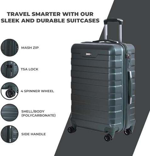 CMY Suitcase Medium Size Hard Shell Lightweight 4 Dual Spinner Wheels Trolley Luggage Suitcase Medium 24" Hold Check in Luggage TSA Combination Lock (Dark Green) - Image 2