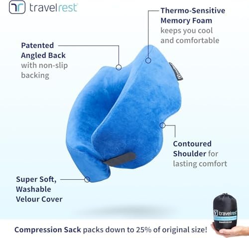 Travelrest Nest Memory Foam Travel Neck Pillow, Advanced Support for Long Flights, Patented Design for Optimal Relaxation, Compact, Ergonomic, and Washable, On-the-Go and Attacthes to Luggage Blue - Image 5