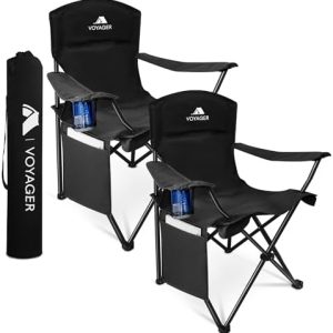 Voyager Folding Camping Chair 2-Pack, Lightweight with Pocket and Drinks Holder, Holds up to 120kg Each, Easy to Transport, Foldable Outdoor Chair Set -Black