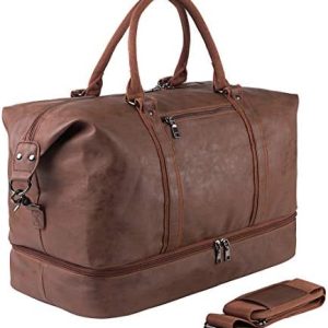 Leather Travel Bag with Shoe Pouch,Weekender Overnight Bag Waterproof PU Leather Large Carry On Bag Travel Tote Duffel Bag for Men or Women