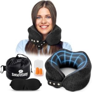 SnoozEasy™ Travel Pillow for Adults | High-Density Memory Foam Neck Pillow for Airplane | Adjustable Flight Travel Cushion with Eye Mask, Ear Plugs, Carry Bag & Carabiner Clip | UK Brand