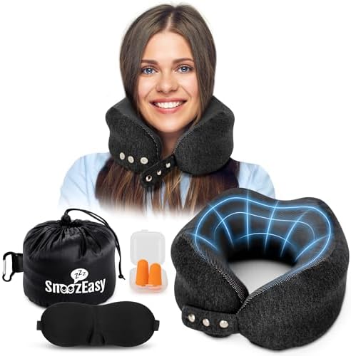 SnoozEasy™ Travel Pillow for Adults | High-Density Memory Foam Neck Pillow for Airplane | Adjustable Flight Travel Cushion with Eye Mask, Ear Plugs, Carry Bag & Carabiner Clip | UK Brand