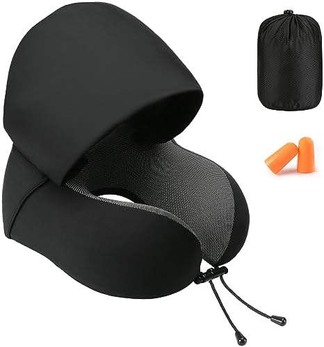 Travel Pillow for Neck Memory Foam, Hooded Travel Neck Pillow for Adults, Comfortable Neck Pillow for Travel with Hoodie, Flight Pillow, Airplane Pillow, Travel Cushion for Plane Car Train