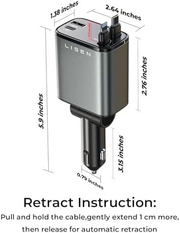 LISEN Retractable Car Charger Adapter 69W Cigarette Lighter USB Car Charger USB C Car Phone Charger Travel Holiday Essentials Car Accessories Gifts for Women Men 12V USB Socket for iPhone 16 15 14 13 - Image 6