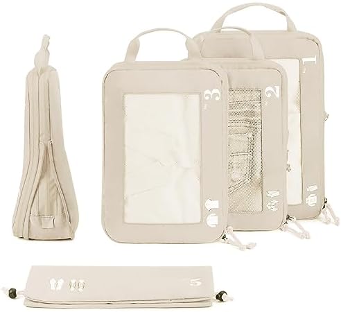 ECOHUB 5 Set Compression Packing Cubes for Suitcases Organiser Bags Travel Accessories with Shoes Bag Tear-resistant Travel Cubes with ID Tag Expandable Packing Bags(Beige) - Image 9